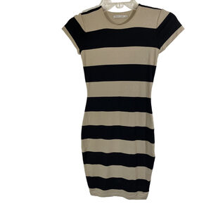 Nadia Tarr Black Tan Striped Short Sleeve Bodycon Mini Dress Stretch Lined Sz XS